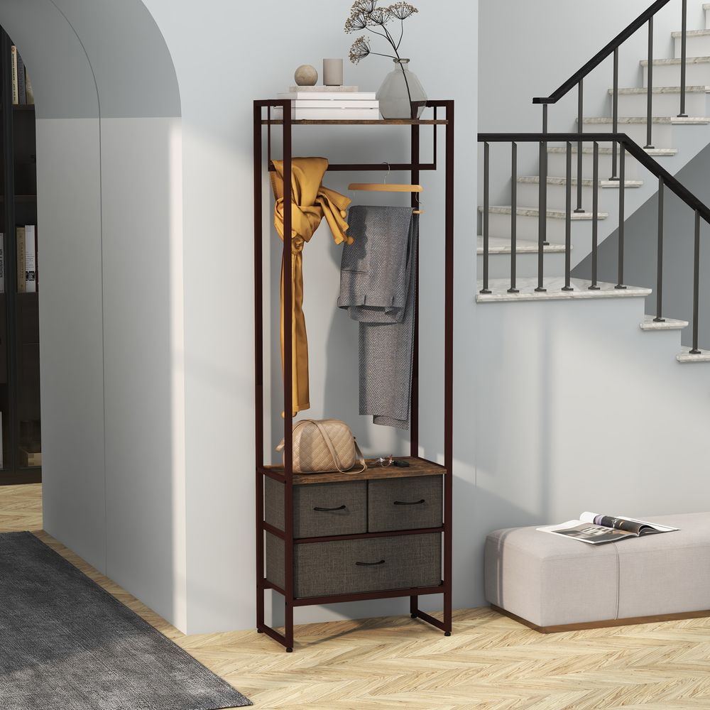 HOMCOM Clothes Hanging Rail + 3 Fabric Drawers | Quality Storage Shelves | Multi-Purpose for Hallway