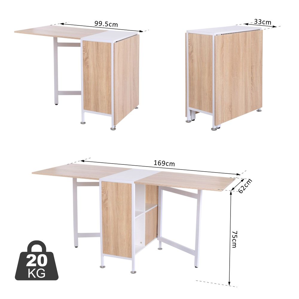 HOMCOM Foldable Drop Leaf Dining Table Folding Workstation for Small Space with Storage Shelves Cubes Oak & White