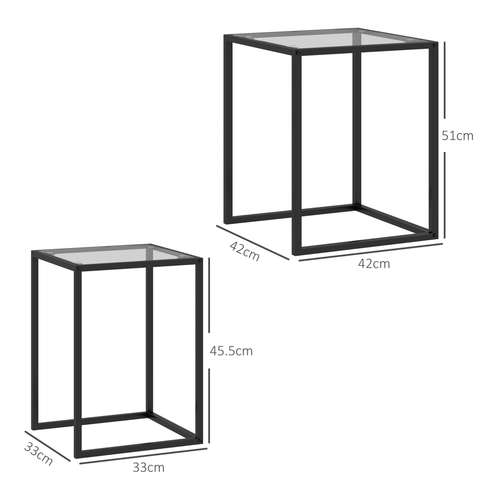 HOMCOM Nesting Tables Set of 2, End Table with Tempered Glass Top, Black