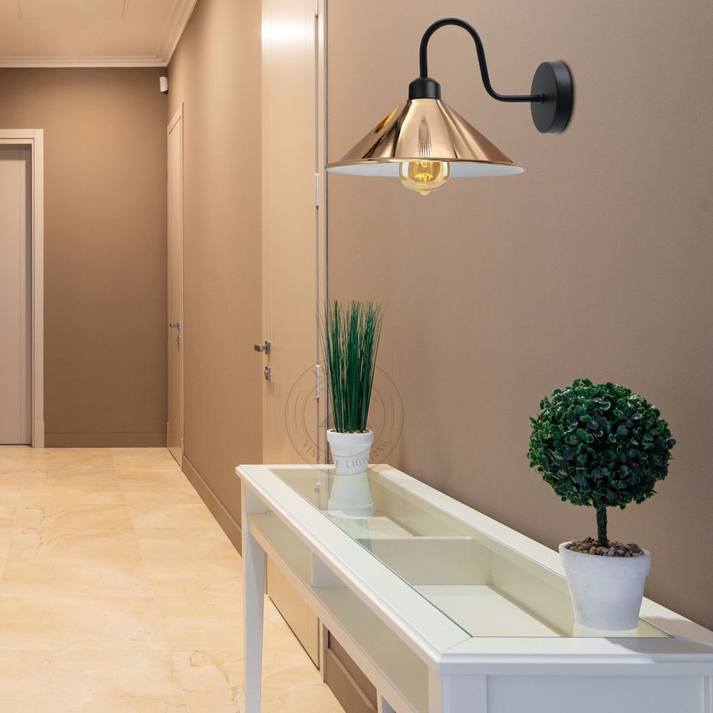 Rose Gold Wall Light Fixture,Black Wall Sconce E27 Base Socket Screw Type Wall Mounted Swan Neck Cone Shape Shade