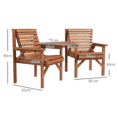 Outsunny Wooden Garden Love Seat with Coffee Table Partner Bench Tan Brown