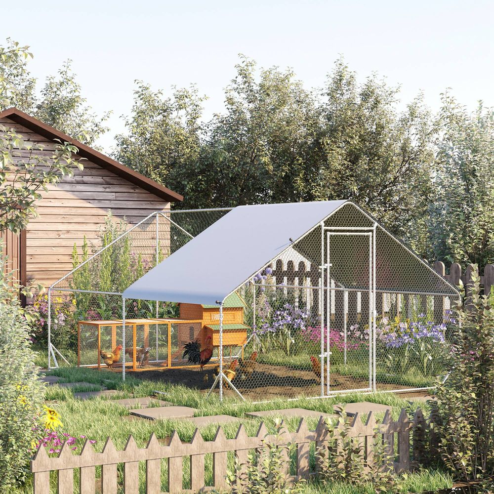 PawHut Chicken Run Galvanised Walk-in Chicken Coop Hen Poultry House Cage Rabbit Hutch Pet Playpen Garden w/Water-Resist Cover, 3 x 4 x 2m