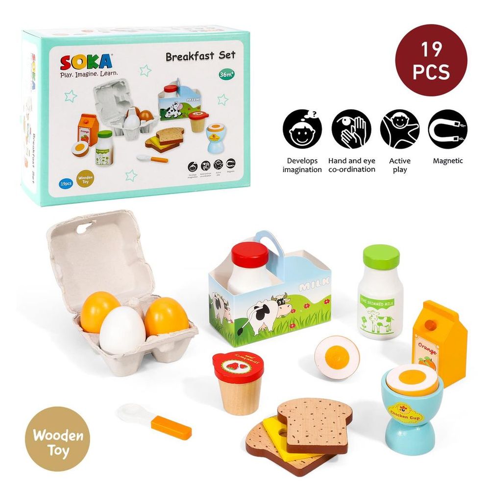SOKA Wooden Breakfast Set - High Quality Pretend Play Food for Kids - Educational Development Toy - Certified Safety Standards