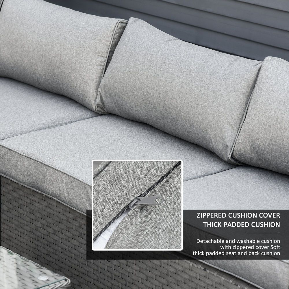 6 PCs PE Rattan Wicker Corner Sofa Set - Grey | Coffee Table & Footstool w/ Cushion | Outdoor Furniture for Garden & Patio
