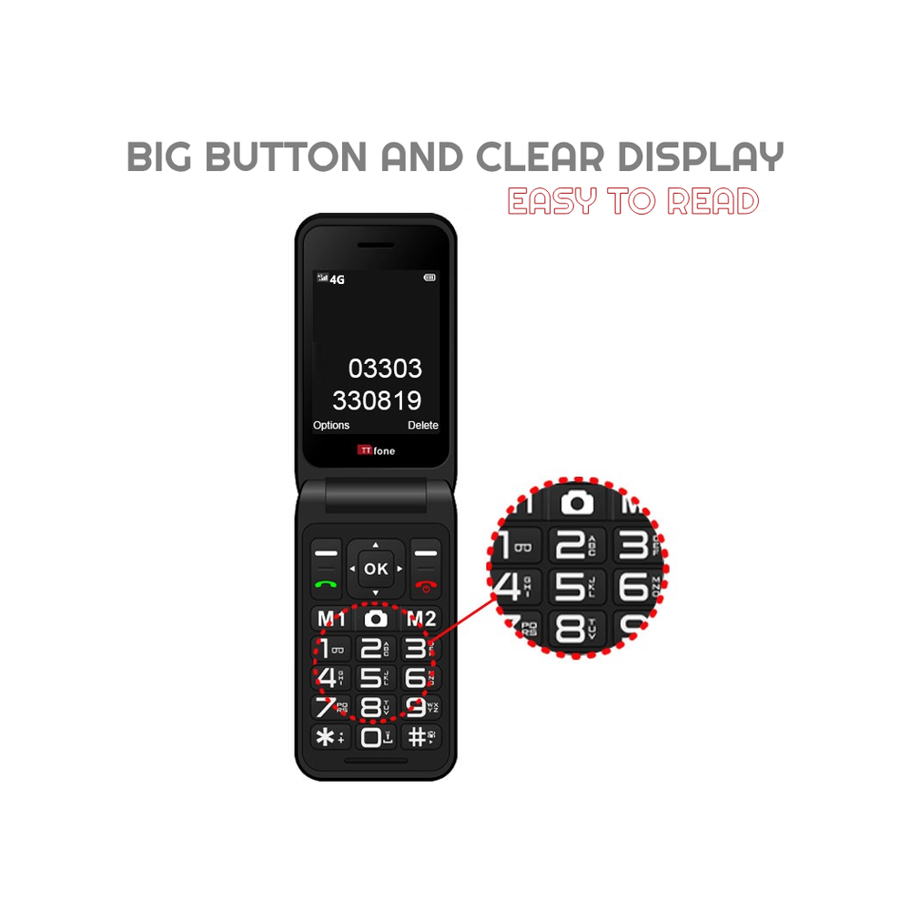 TTfone Black Flip 4G Mobile - Big Button & Emergency Button. Mains Charger & Vodafone Pay As You Go
