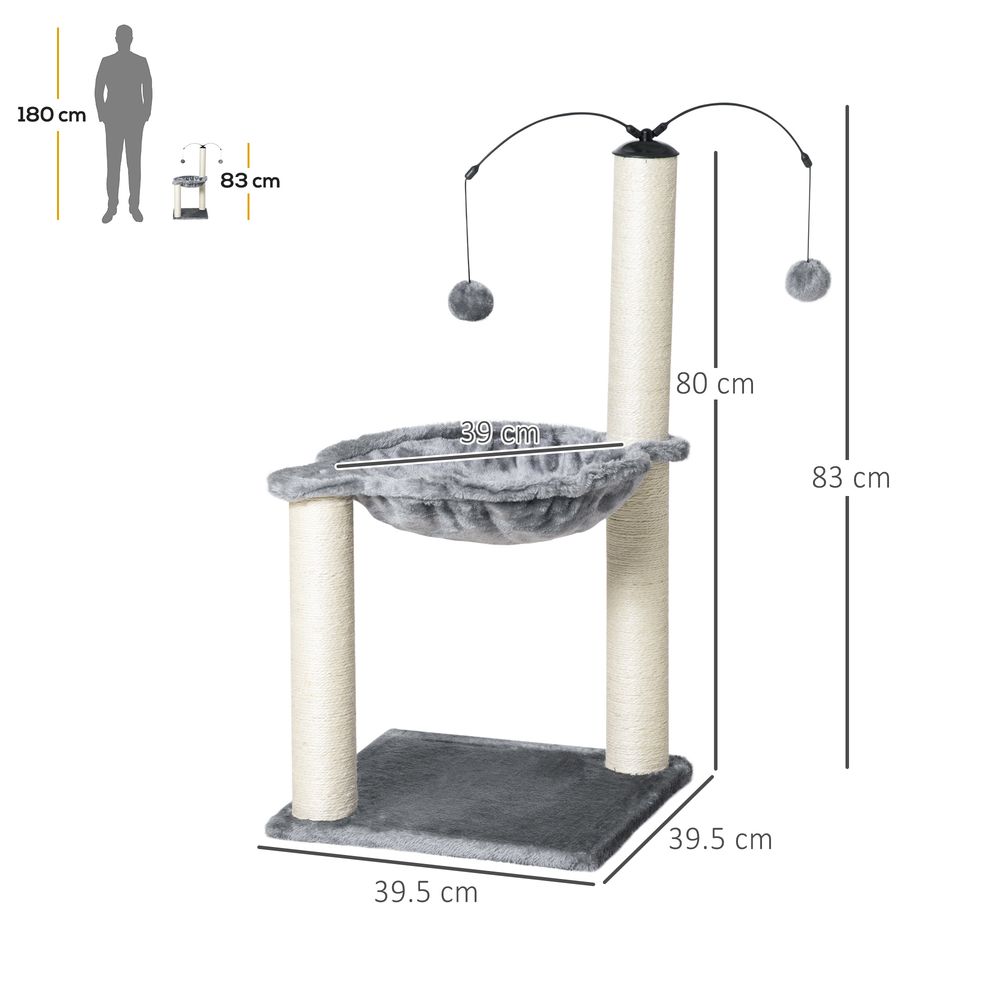 PawHut 83cm Cat Tree Tower for Indoor Cats w/Sisal Scratching Post Hammock Hanging Toy Activity Centre - Grey
