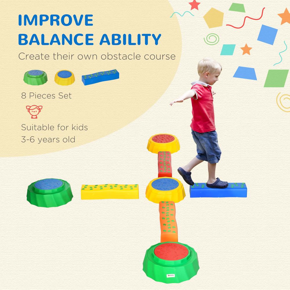 Outsunny 8 PCS Kids Stepping Stones Balance Beam w/Non-Slip Surface and Bottom, Stackable Stepping Stones for Toddler