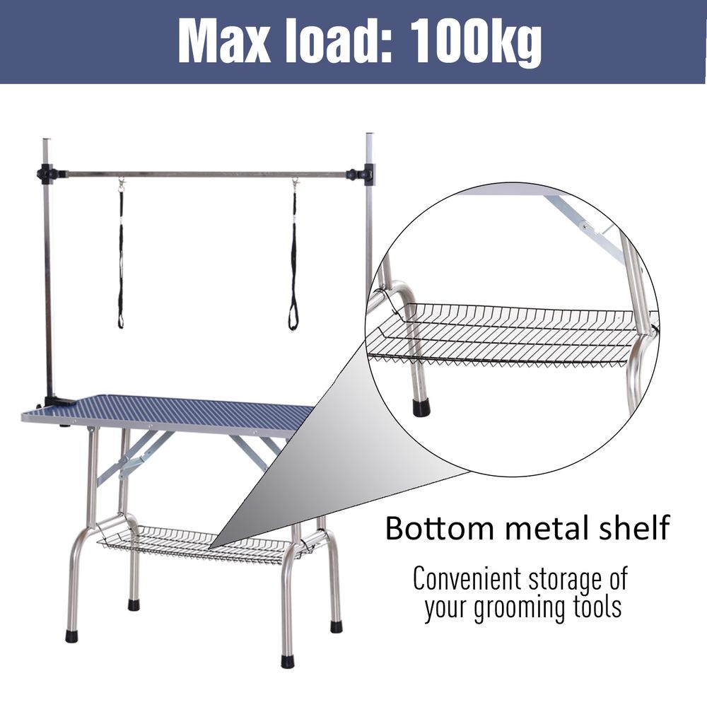 PawHut Metal Adjustable Dog Grooming Table Rubber Top 2 Safety Slings Mesh Blue