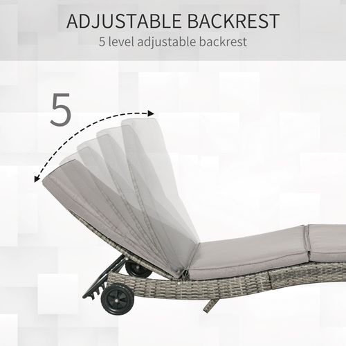 Outsunny Outdoor Reclining Lounge Chair, PE Wicker, Rolling Wheels, Grey