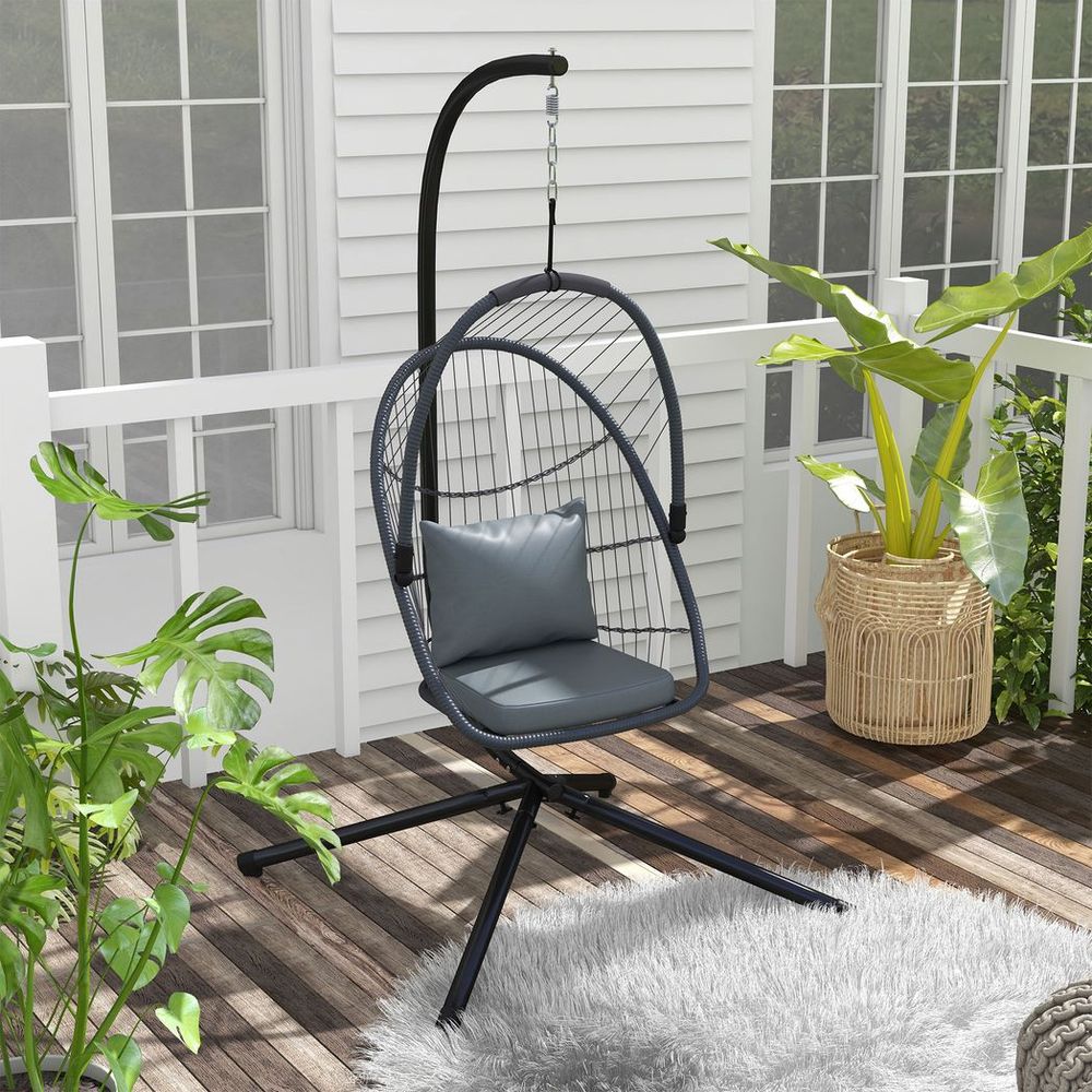 Hanging Swing Chair w/ Cushion, Patio Chair, Grey - Strong Steel Frame, Foldable Seat, Outdoor/Indoor Use - 150kg Capacity