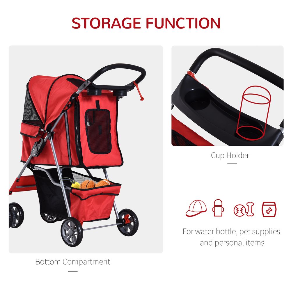 PawHut Pet Stroller for Small Miniature Dogs Cats Foldable Travel Carriage with Wheels Zipper Entry Cup Holder Storage Basket Red