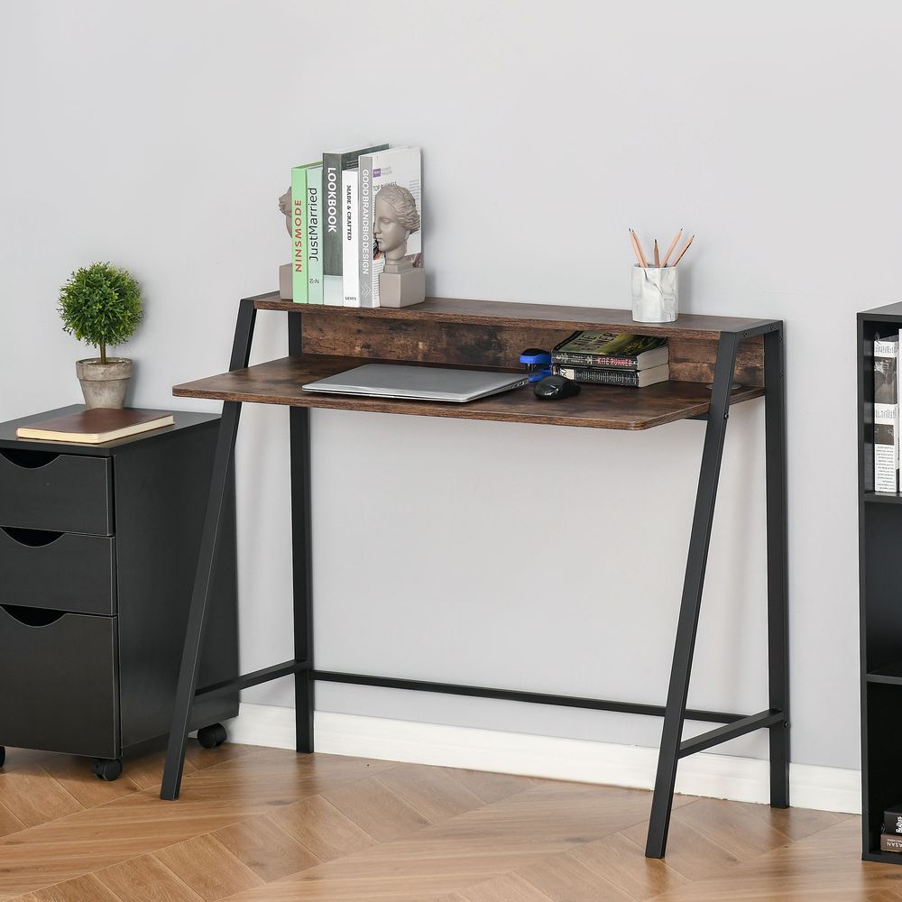 Rustic Brown Writing Desk Computer Workstation Storage Shelf