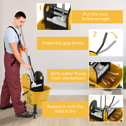 HOMCOM Mop Bucket with Wringer on Wheels for Floor Cleaning 26 Litre Yellow