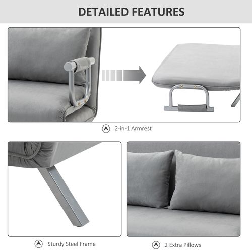 HOMCOM Fabric Convertible 2 Seater Sofa Bed w/ 2 Pillows, Light Grey
