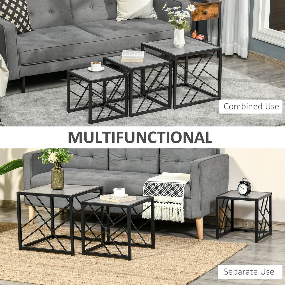 HOMCOM Nesting Coffee Tables, Set of 3 Square Side Tables with Black Metal Frame, for Living Room, Bedroom and Office, Grey