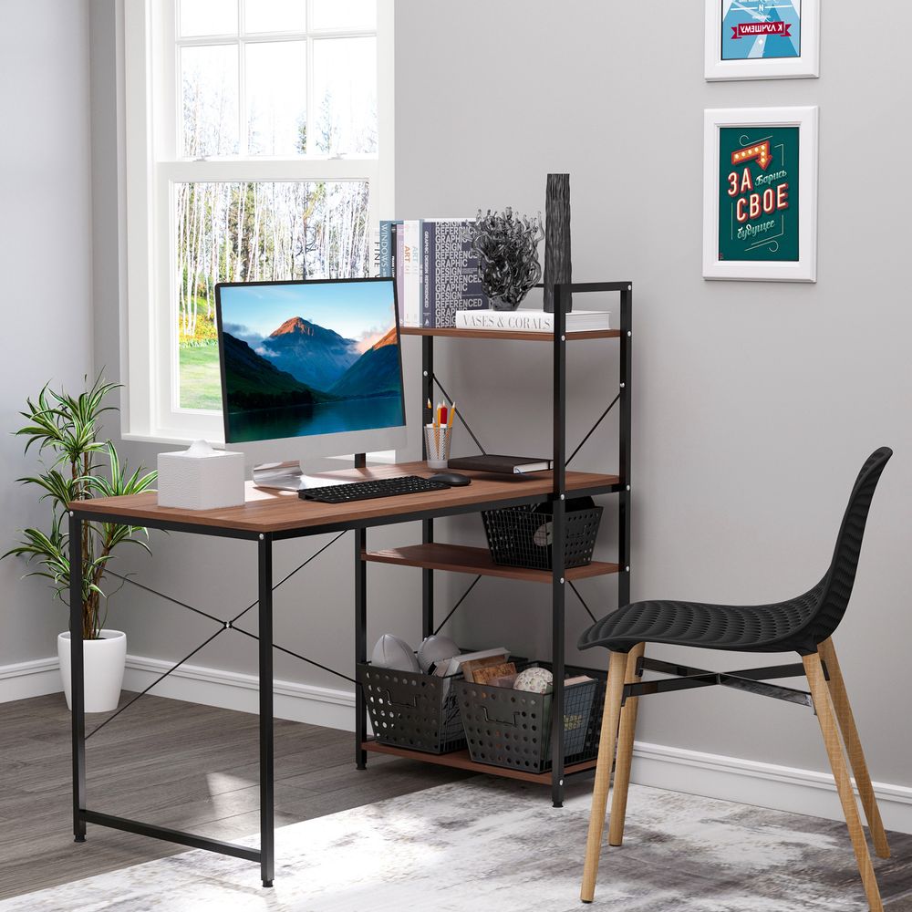 Computer Workstation, Metal Frame-Walnut/ Black