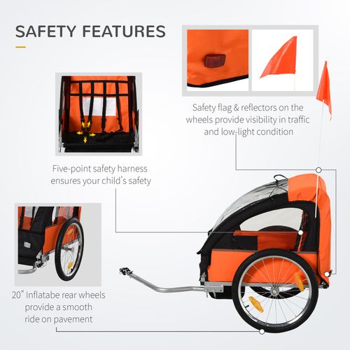 HOMCOM 18m 2-Seat Child Bike Trailer for Kid w/ Steel Frame Seat Belt Orange