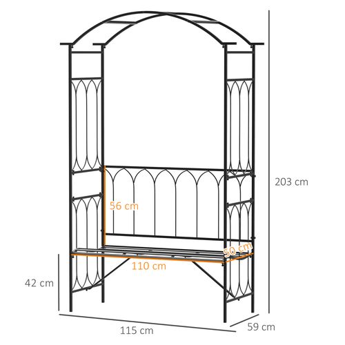 Outsunny Garden Metal Arch Bench Outdoor 2-Seater Chair, Patio Rose Trellis Arbour Pergola for Climbing Plant Vintage Classic Black 115L x 50W x 203H cm