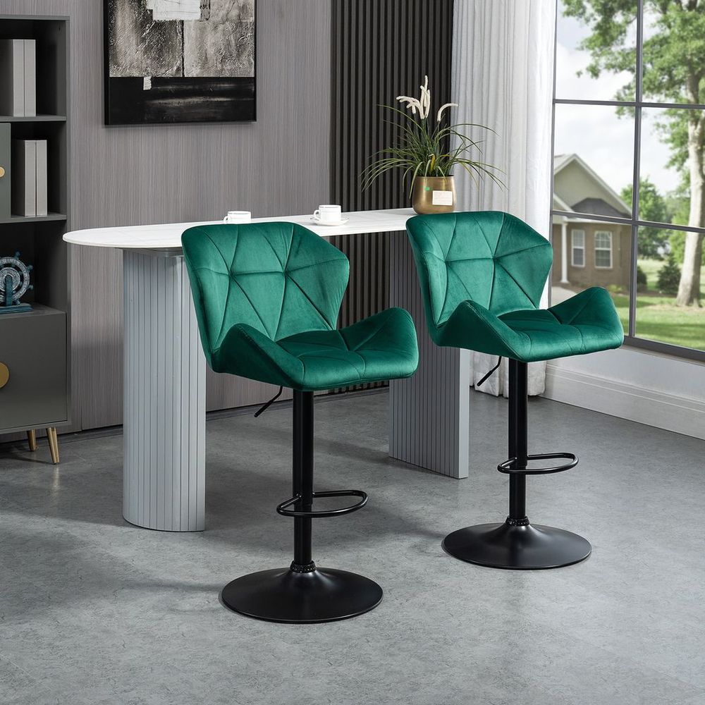 Set Of 2 Luxurious Velvet-Touch Bar Stools w/ Metal Frame Footrest Base Green