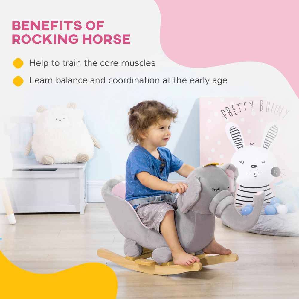 HOMCOM Baby Rocking Horse Plush Ride On Elephant Rocker with Sound Safety Belt Toddler Toy for 18-36 Months