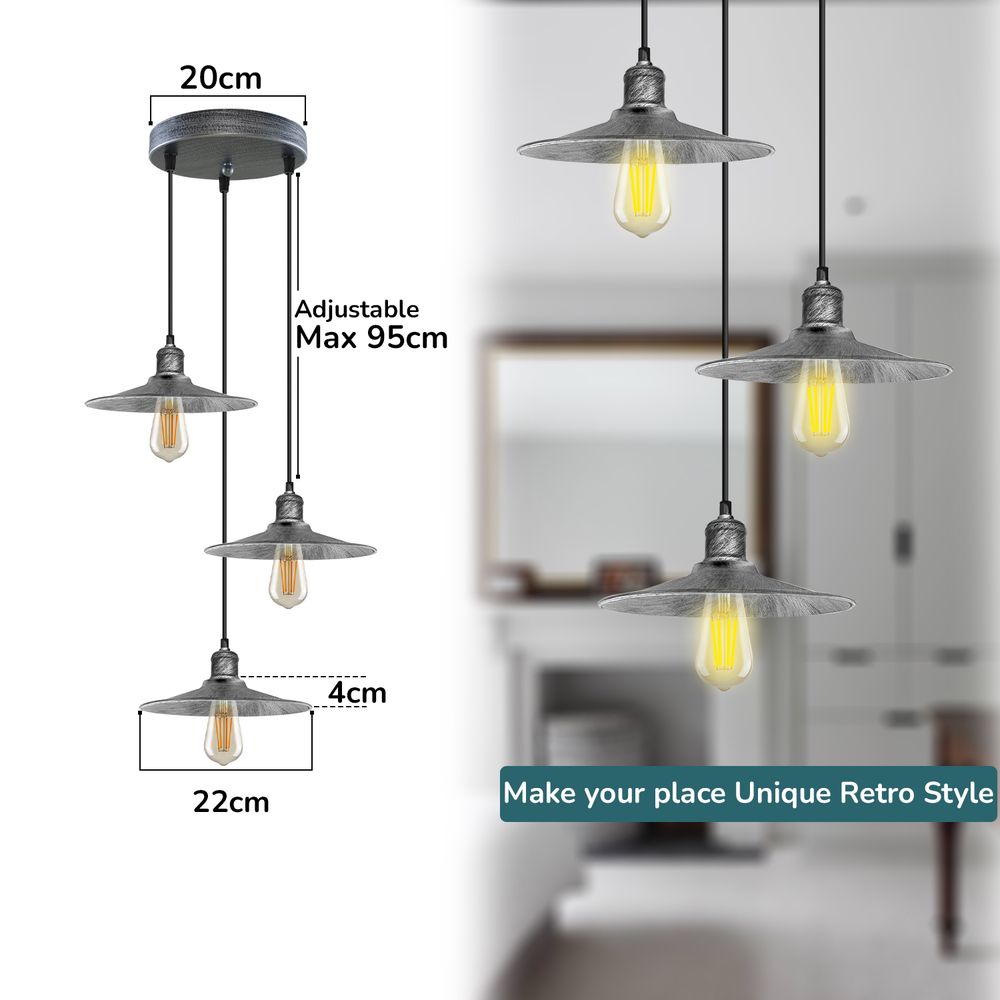 3 Head Round Base Vintage Ceiling Pendant Light Shade Hanging Lamp