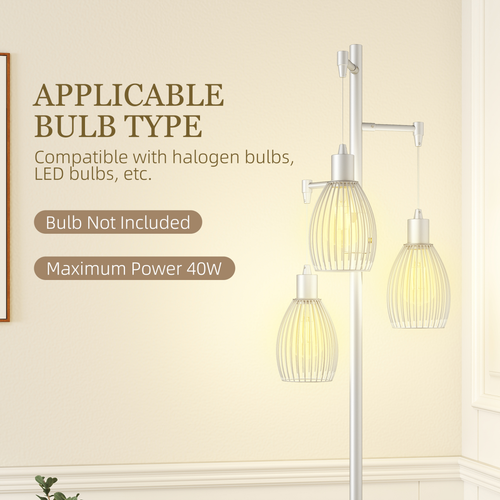HOMCOM Industrial 3-Light Floor Lamp Dimmable Standing Lamp, Silver Tone