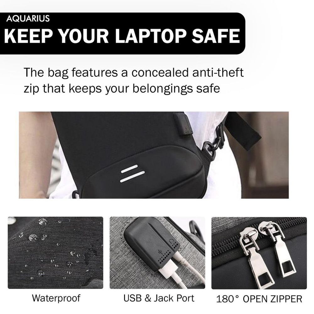 Aquarius Waterproof Anti-Theft USB Laptop Backpack - Travel School Bag
