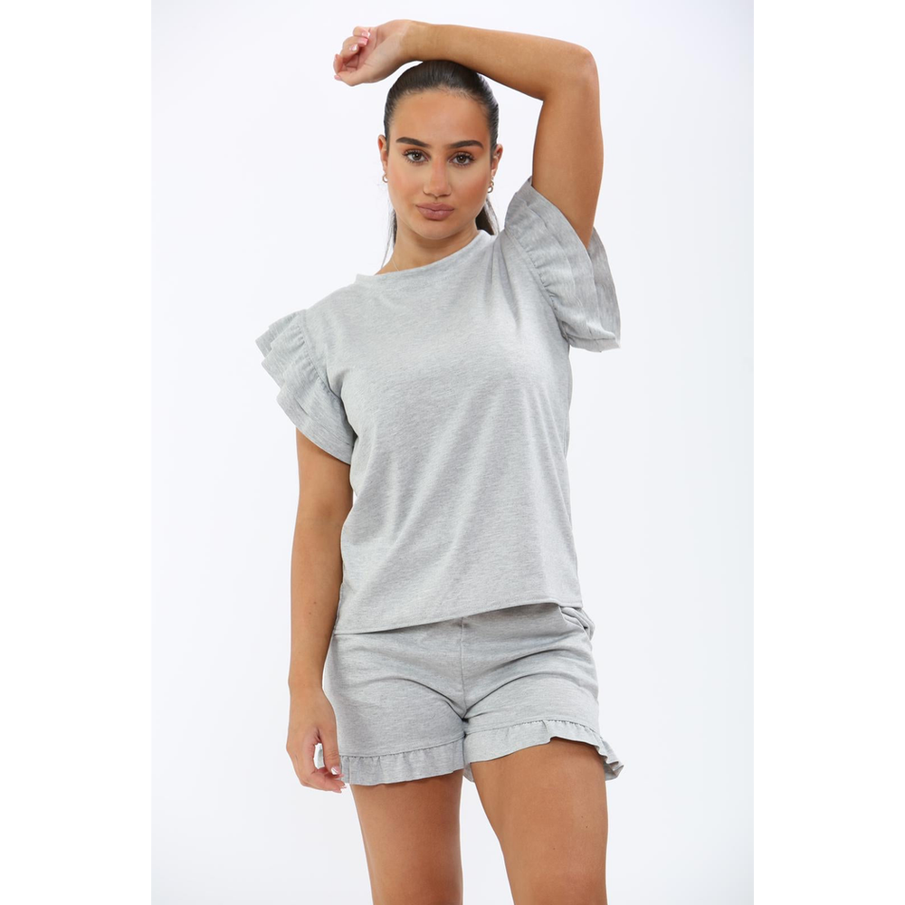 Ladies Frill Peplum Sleeve Top and Short 2 Piece Tracksuit Set