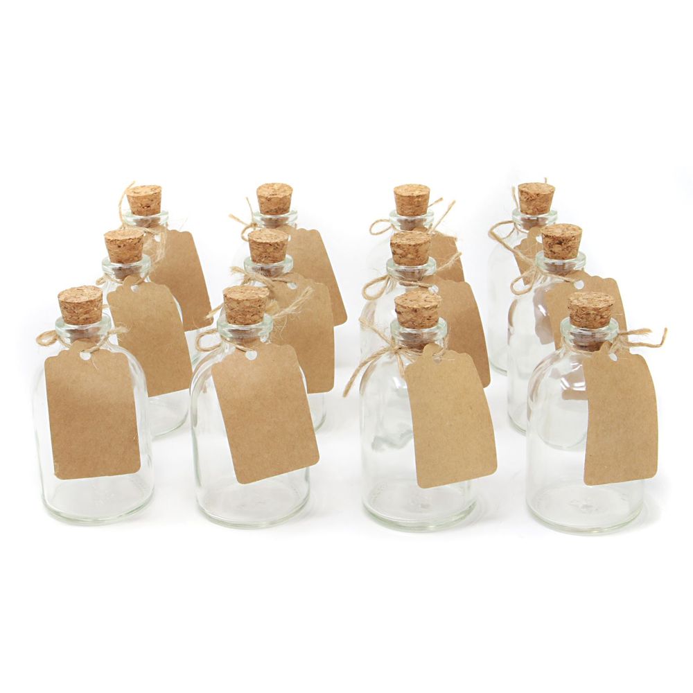Romantic Mini Glass Bottles - Set of 12 | Decorative Labels | 50ml Capacity