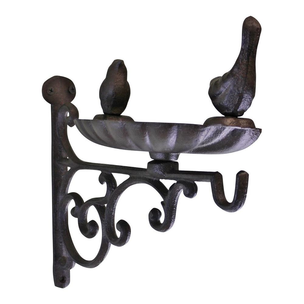 Hanging Basket Wall Bracket w/ Bird Feeder: Cast Iron, 29x23x14cm
