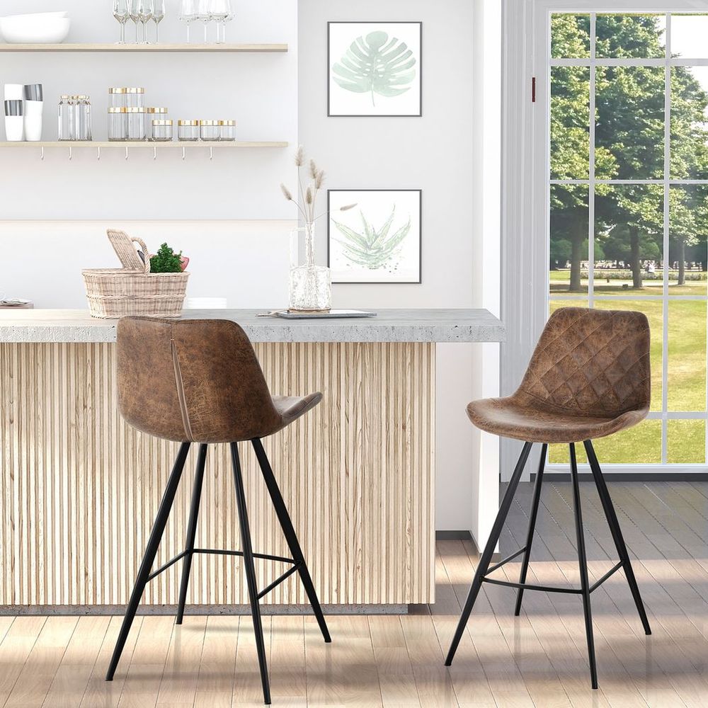 HOMCOM Set Of 2 Bar Stools Microfiber Cloth Tub Seats Padded Steel Brown