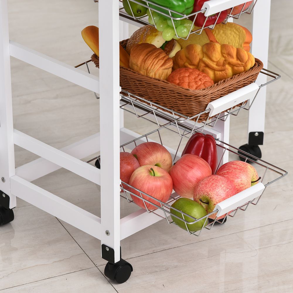 MDF Extendable Kitchen Island Trolley - White, Steel Drawers, Oak Countertop