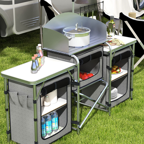 Outsunny Portable Folding Camping Kitchen with Windshield Light Stand Carry Bag