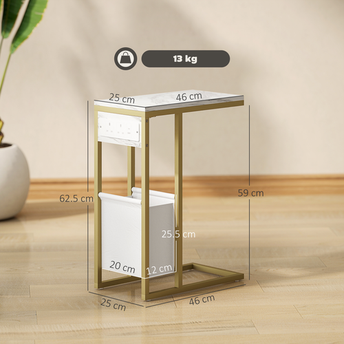 HOMCOM C Shaped Side Table, Faux Marble Bedside Table with Charging Station