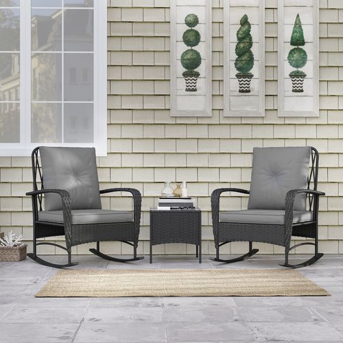 Outsunny Rattan Bistro Set Balcony Furniture with Rocking Chairs, Black