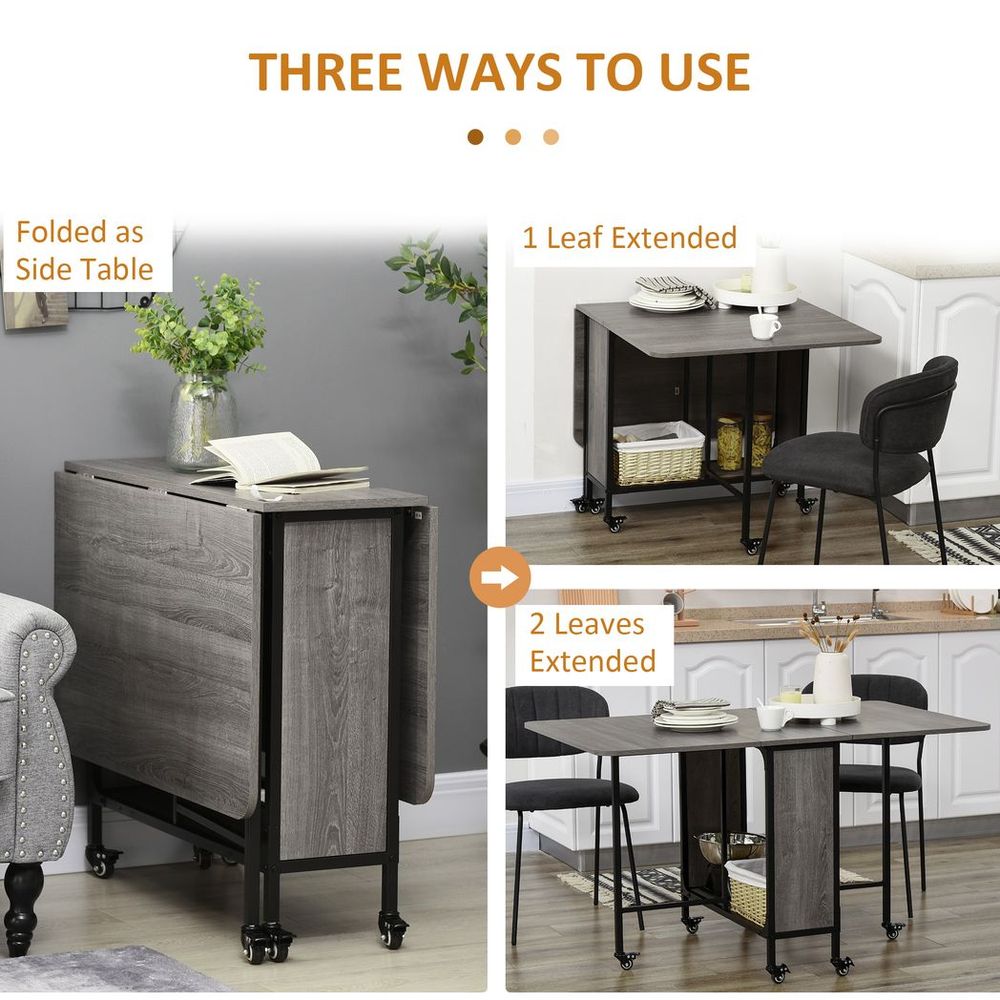 HOMCOM Mobile Drop Leaf Table Folding Kitchen Table Extendable Dining Table For Small Spaces With 6 Wheels & Storage Shelf Grey