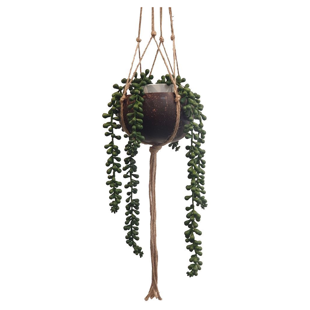 Vie Naturals Coconut Shell Pot Holder with Jute Macrame Rope for Hanging - Eco-Friendly & Sturdy - Brown