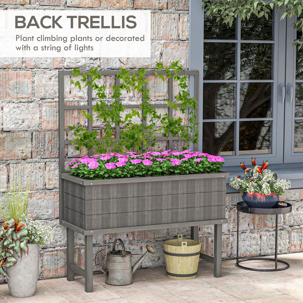 Outsunny Wood Raised Planter w/ Trellis Elevated Garden Bed - Quality Grey Design