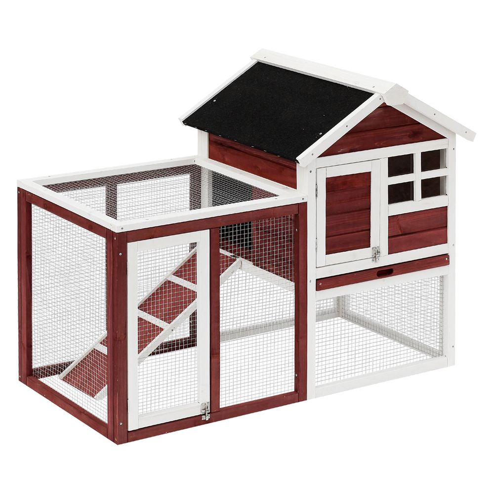 PawHut Rabbit Hutch Outdoor Wooden Guinea Pig Hutch Rabbit Run Bunny Cage Small Animal House Pull-Out Tray, Brown, 122 x 62.6 x 92 cm