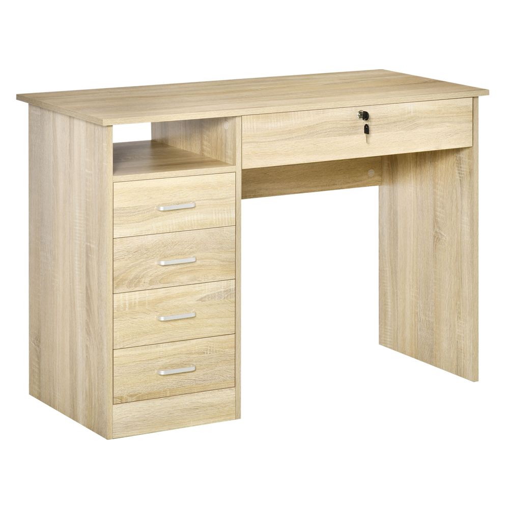 HOMCOM Computer Desk, Home Office Desk with Lockable Drawer, Storage Shelf for Study Bedroom, 110 x 50 x 76 cm, Oak