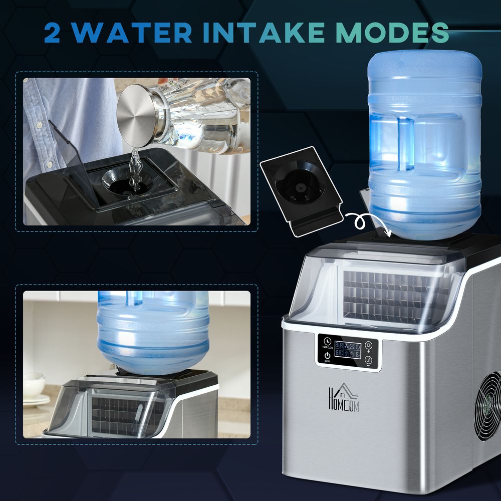 HOMCOM Ice Maker Machine Countertop, Stainless Steel Portable Ice Cube Maker, 2 Ways to Add Water, 24kg/Day, 24 Pcs Ready in 14 Mins, Self-Cleaning with Scoop & Basket, 3.2L, for Home Office, Silver