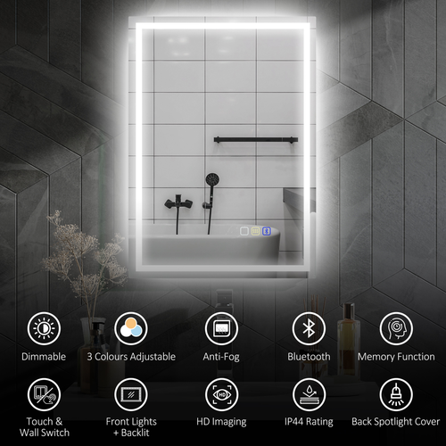 HOMCOM 500 x 700 mm Bathroom Mirror with Bluetooth Lights Demister Pad