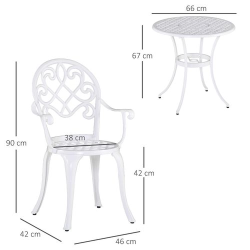 Outsunny 3PCs Garden Bistro Set Cast Aluminium Round Table with 2 Chairs White