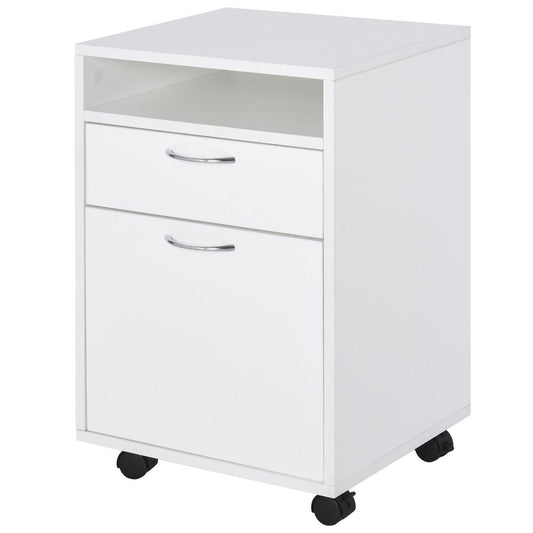 HOMCOM 60cm Storage Cabinet w/Drawer Open Shelf Metal Handles 4 Wheels Office Home Organiser Mobile Printer White