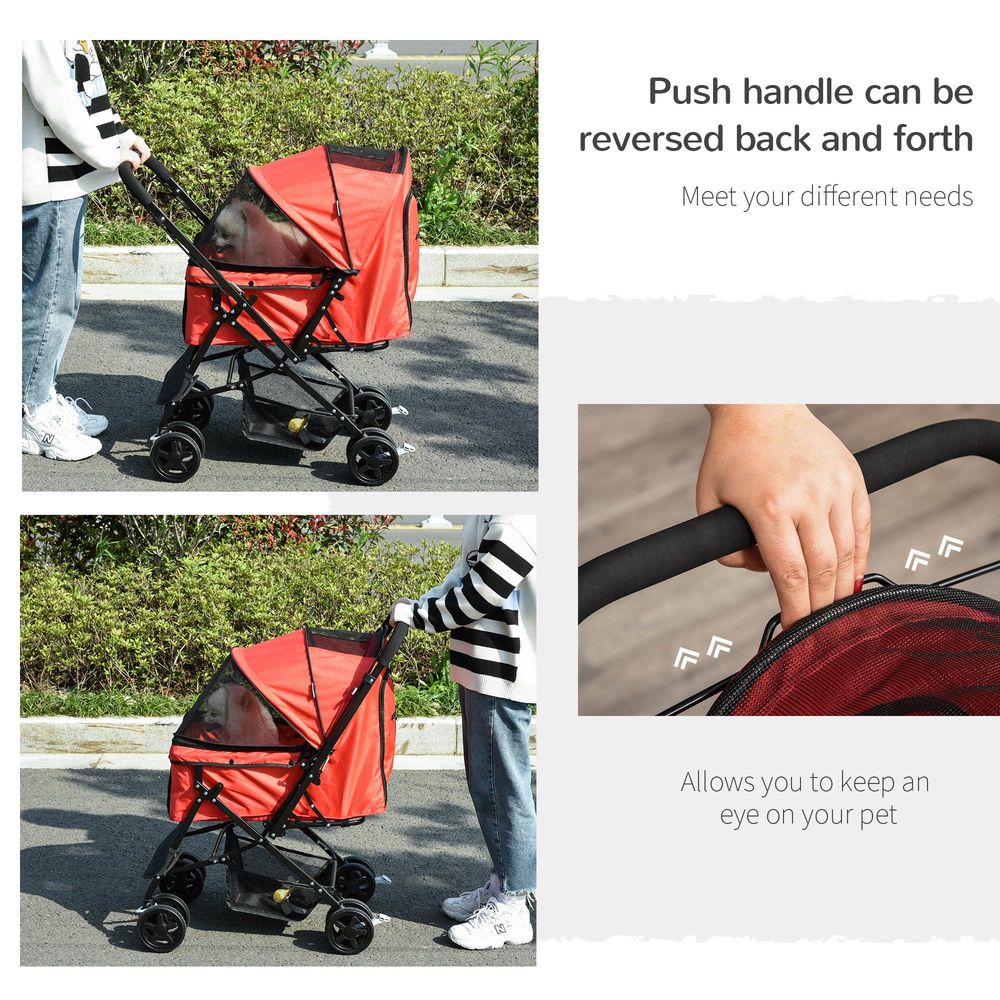PawHut Dog Stroller, Pet Stroller, Foldable Dog Cat Travel Pushchair with Reversible Handle, EVA Wheels, Brake, Basket, Adjustable Canopy, Safety Leash, for Small Dogs, Red