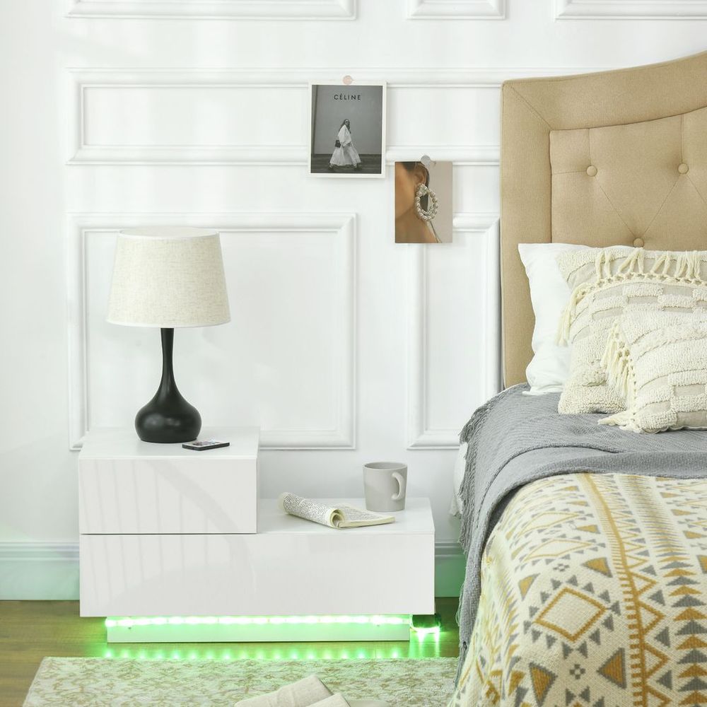 HOMCOM High Gloss LED Nightstand Table - Remote Control, White - Best Quality