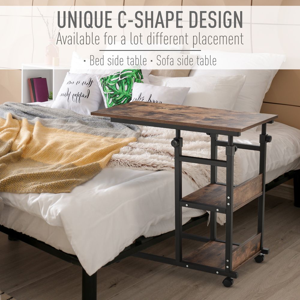 HOMCOM Industrial Mobile Sofa Side Table C-Shaped Rolling Couch Table with 3-Tier Storage Shelving Four Lockable Wheels Steel Frame - Brown