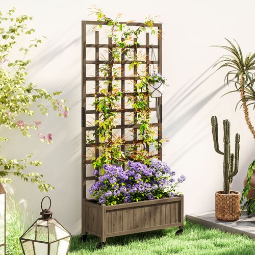 Outsunny Wooden Trellis Planter, Raised Garden Bed with Wheels and Bed Liner