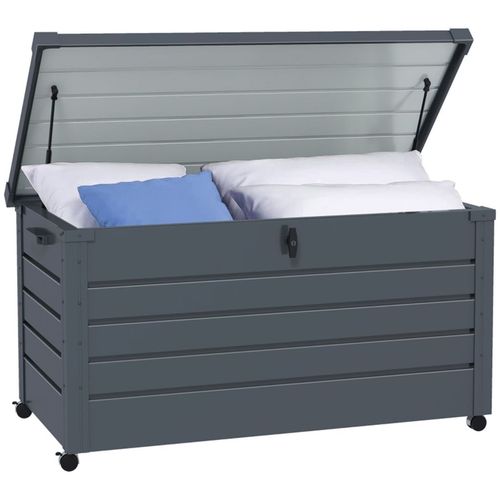 Outsunny 331 Litre Garden Storage Box, Waterproof Outdoor Storage Box for Tools, Cushions, Lockable Galvanised Steel Outside Deck Box Organiser with Wheels and Handles, Dark Grey