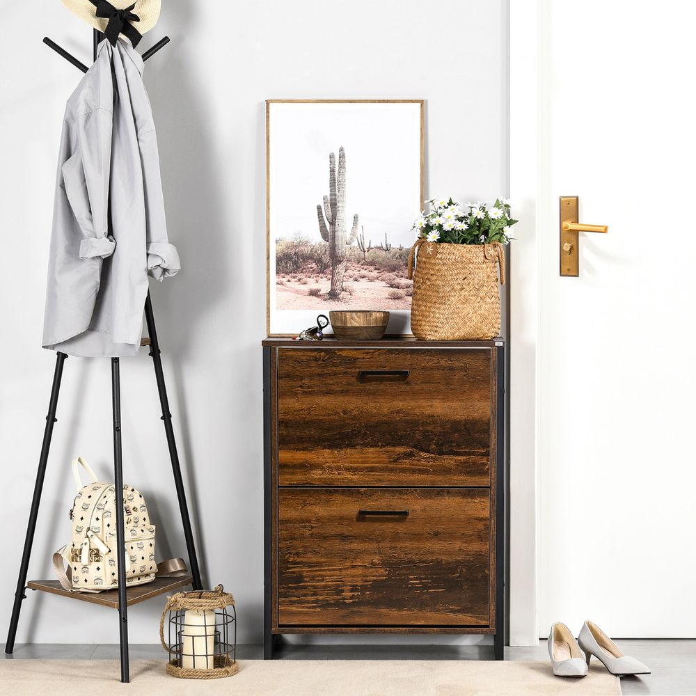 HOMCOM Rustic Brown Shoe Cabinet - 2 Flip Door, Divider, Entryway